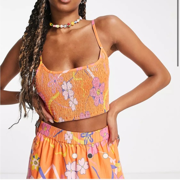 Nwt COLLUSION floral shirred crop top & maxi skirt in orange - Picture 2 of 3